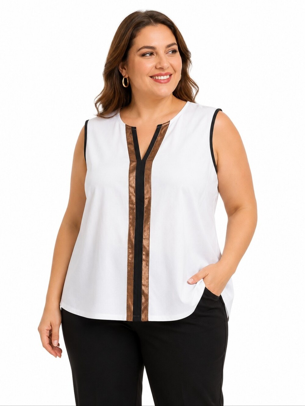 Sleeveless White V-Neck Top with Metallic Trim Sz 10